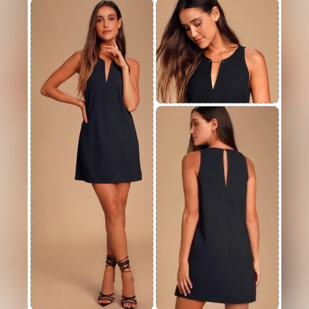 Lulus "Near or Bar" Black V-Neck Shift Dress with Gold Bar Detail